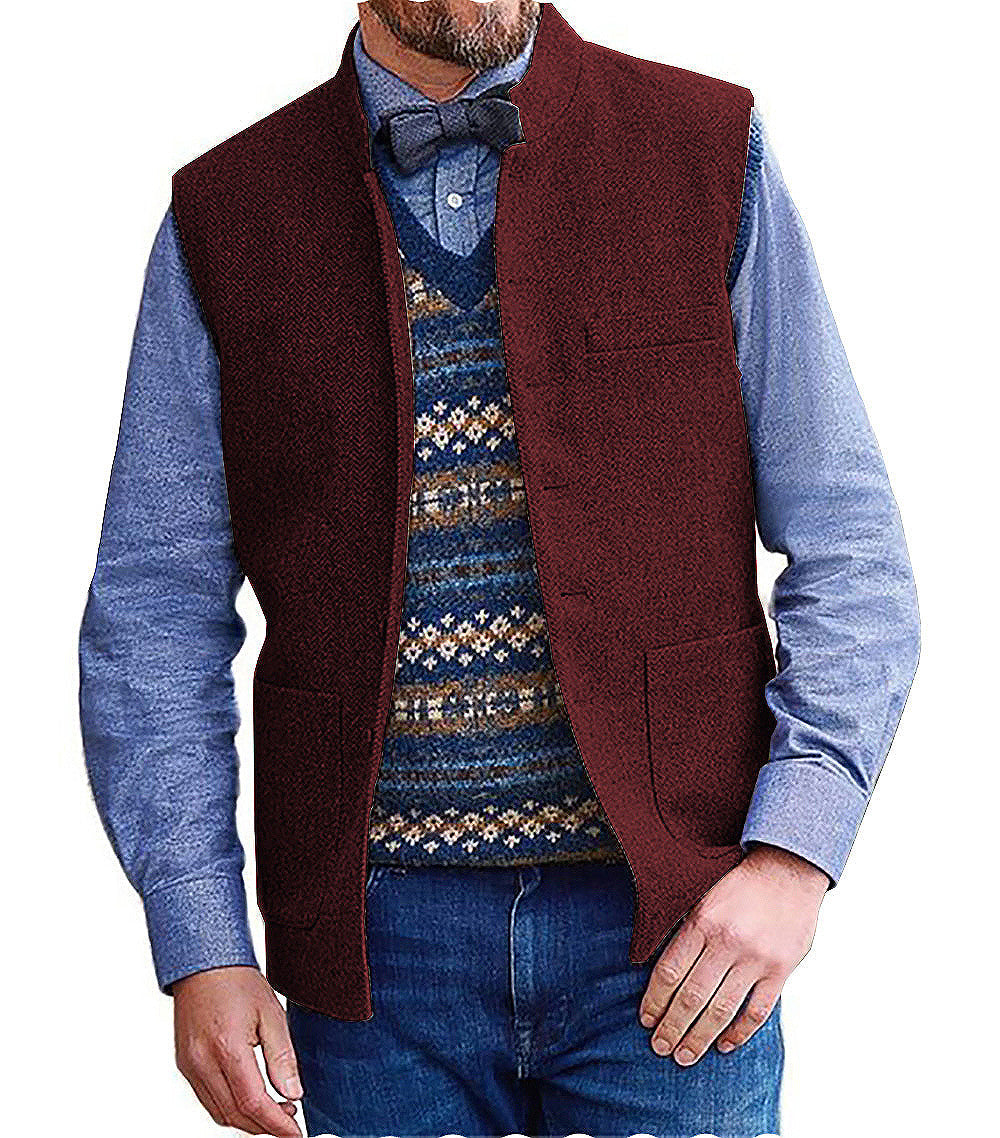 Casual Men's Slim Fit herringbone Stand Collar Waistcoat