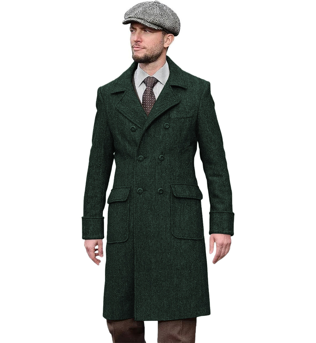 Casual Trench Coat Men Double Breasted Notch Collar Tweed Herringbone Coat Winter Wedding mens event wear