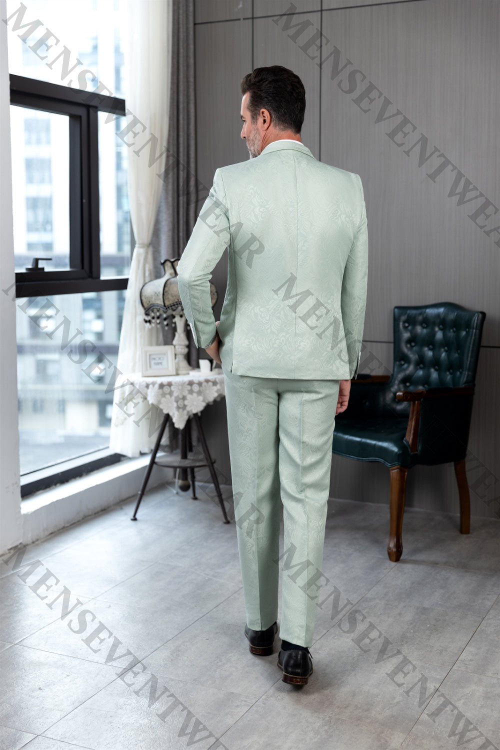 Fashion 2 Pieces Mens Patterned Suit Flat Shawl Lapel Tuxedos（Blazer+Pants） mens event wear