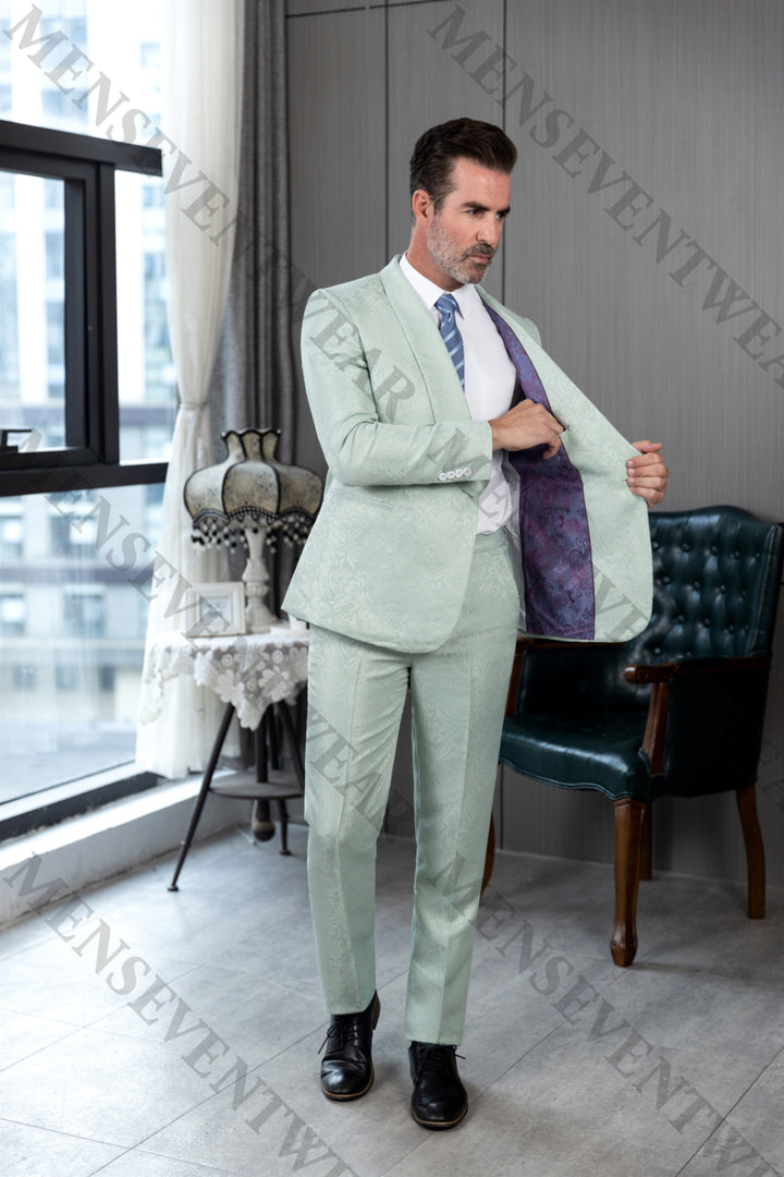 Fashion 2 Pieces Mens Patterned Suit Flat Shawl Lapel Tuxedos（Blazer+Pants） mens event wear