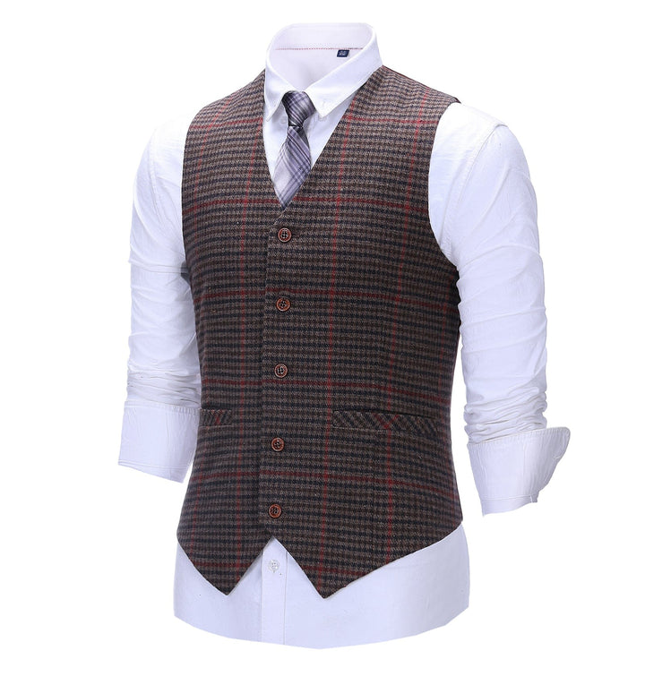 Formal Men's Suit Vest Coffee Plaid V Neck Waistcoat - Menseventwear ...
