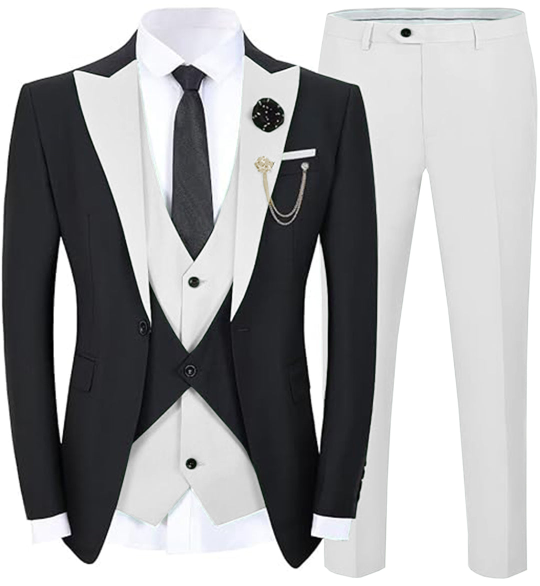 Formal Men's Suits Slim Fit 3 Pieces Peak Lapel Tuxedos (Black Blazer+Vest+ Pant) mens event wear