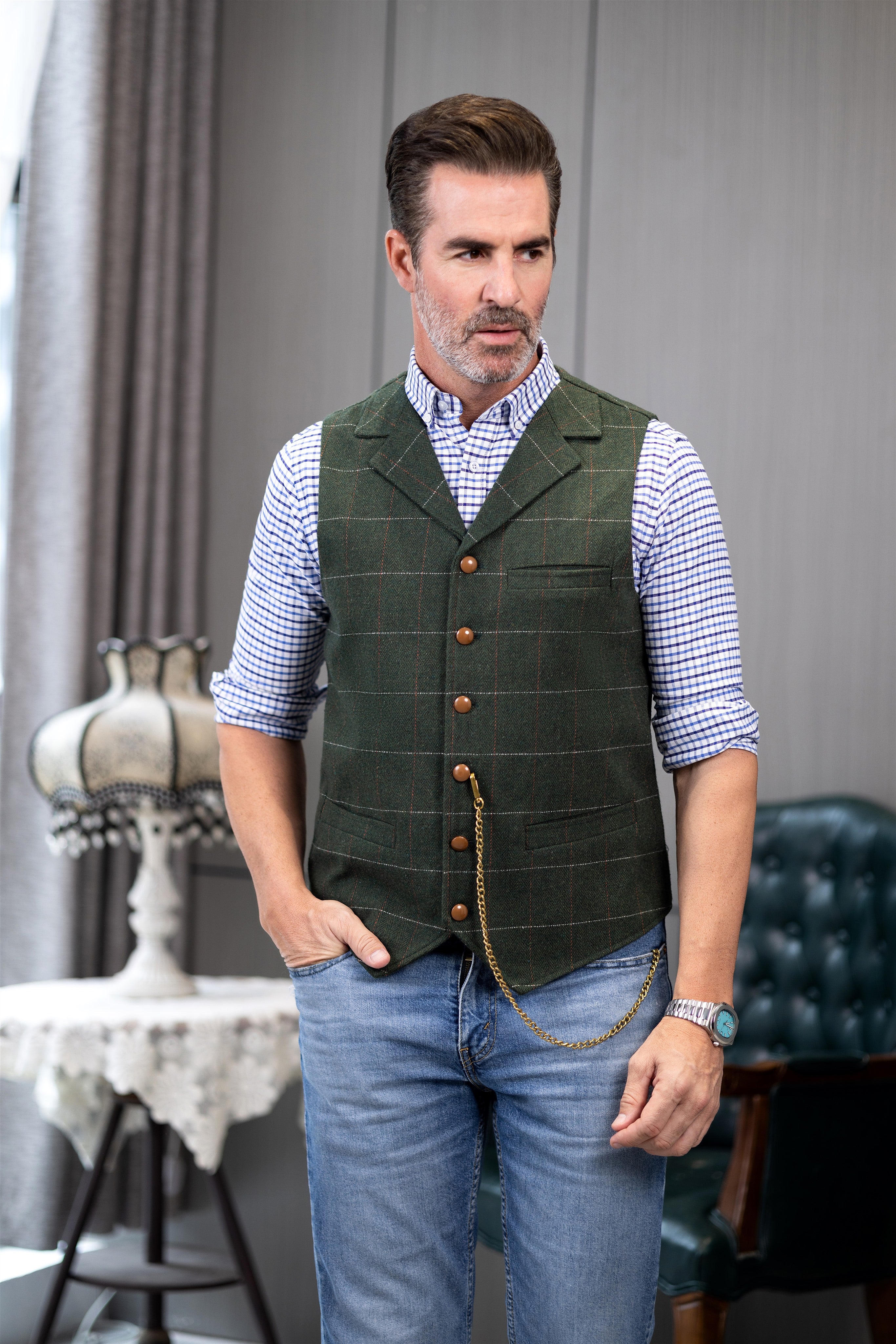 Men s Casual Slim Fit Plaid Tweed Notch Lapel Waistcoat mens event wear