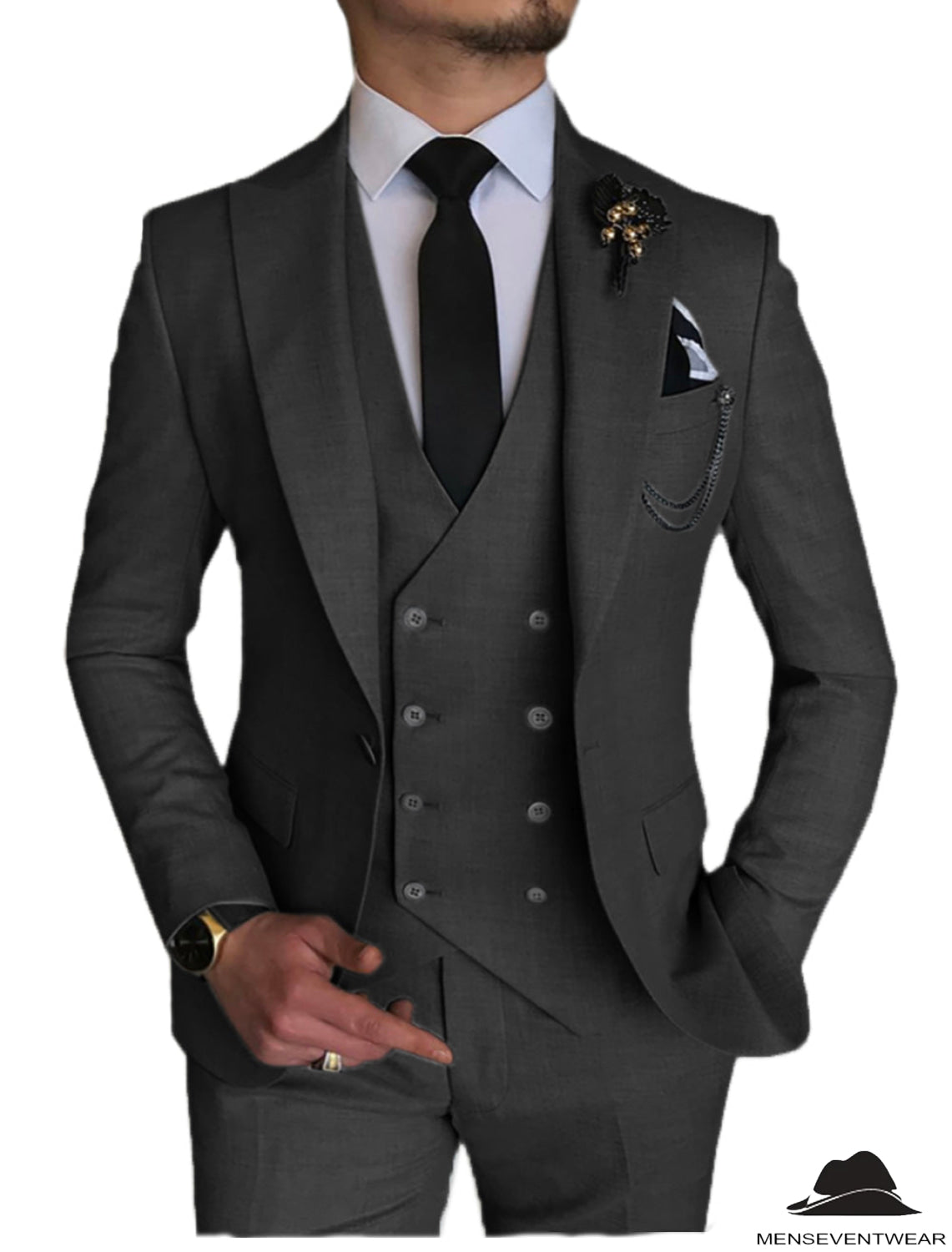 3 Piece Mens Suit Slim Fit Solid Peak Lapel Suit (Blazer + Vest + Pants ...