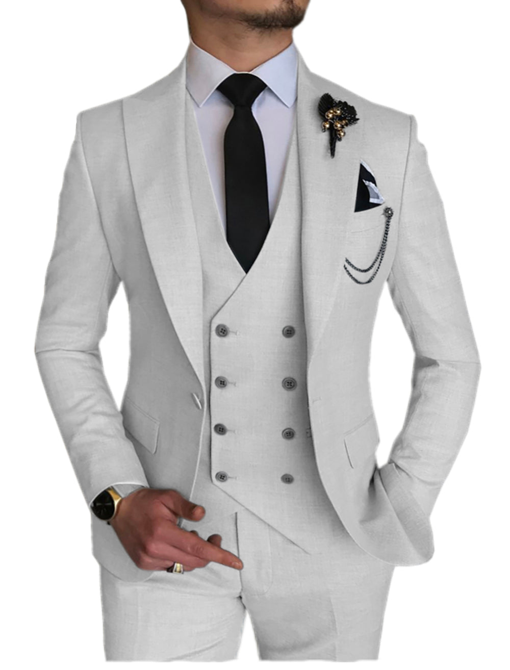Buy Men's Light Grey Notch Lapel 3-piece Suit Sophisticated