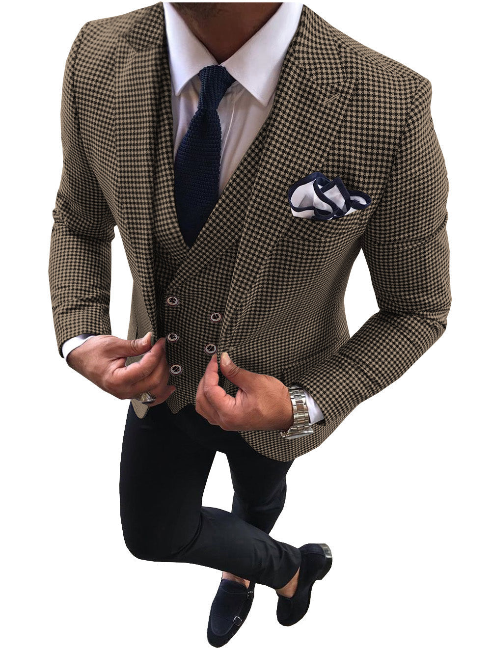 Casual Men's 3 Pieces Houndstooth Peak Lapel Tuxedos (Blazer+vest+Pants) mens event wear