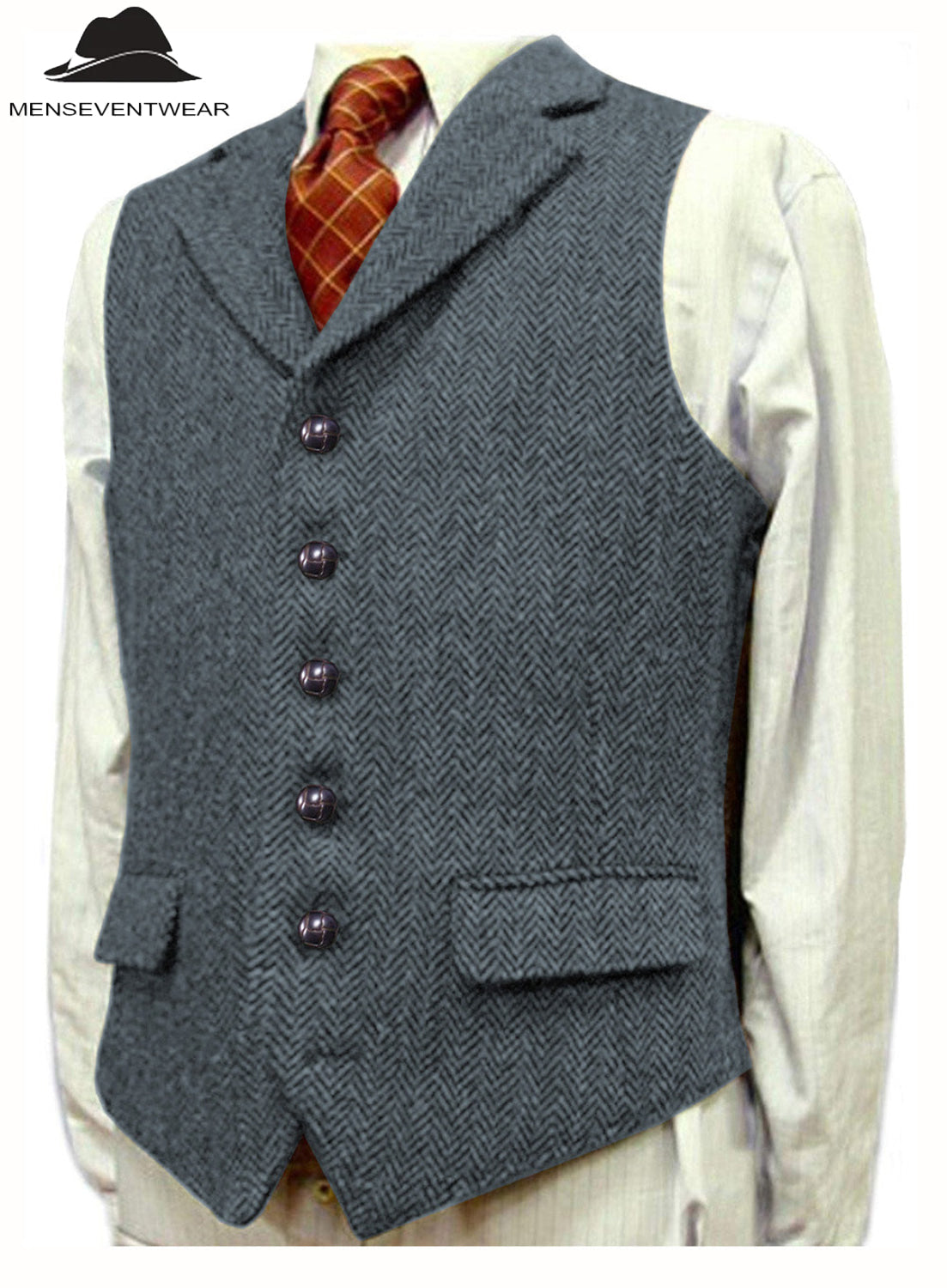 Casual Men s Classic Tweed Herringbone Notch Lapel Waistcoat Menseventwear mens event wear