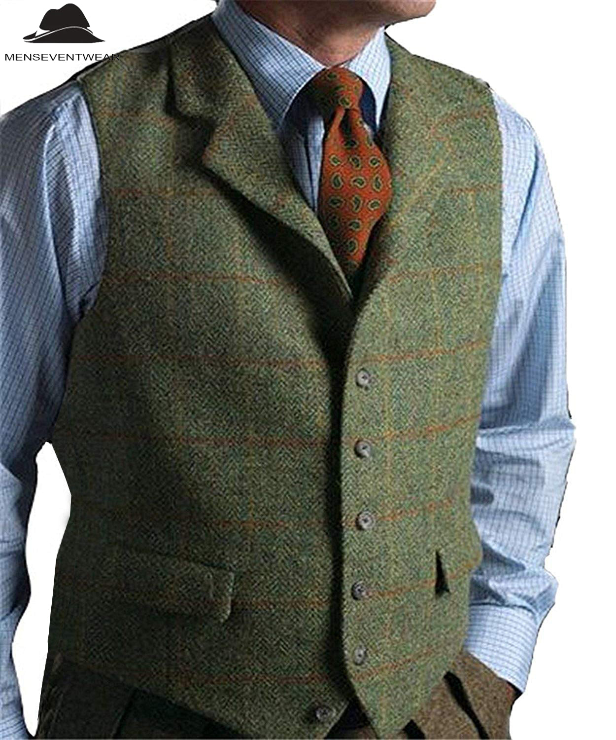 Casual Men's Classic Tweed Plaid Notch Lapel Waistcoat