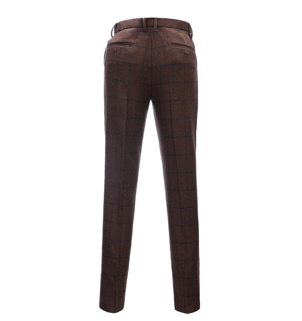 Casual Men's Suit Pants Coffee Tweed Plaid Pleat-Front Trousers menseventwear