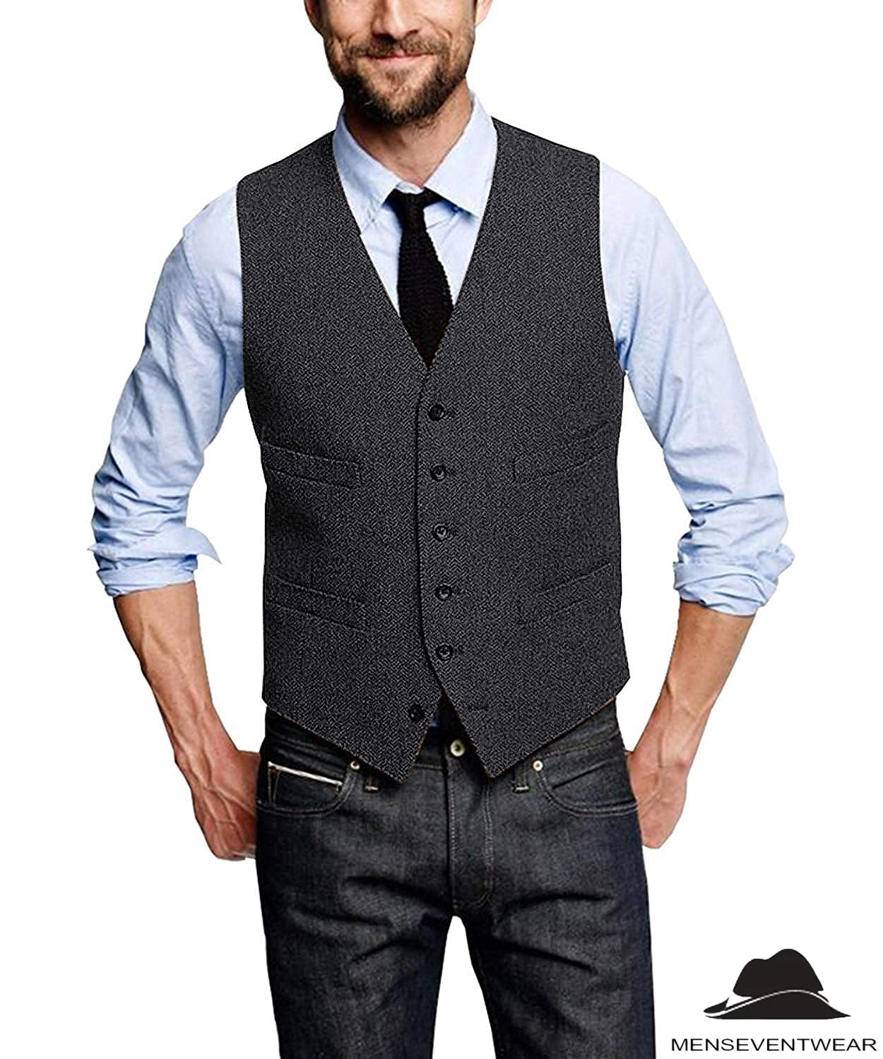 Casual Mens Classic Slim Fit Tweed Herringbone V Neck Waistcoat