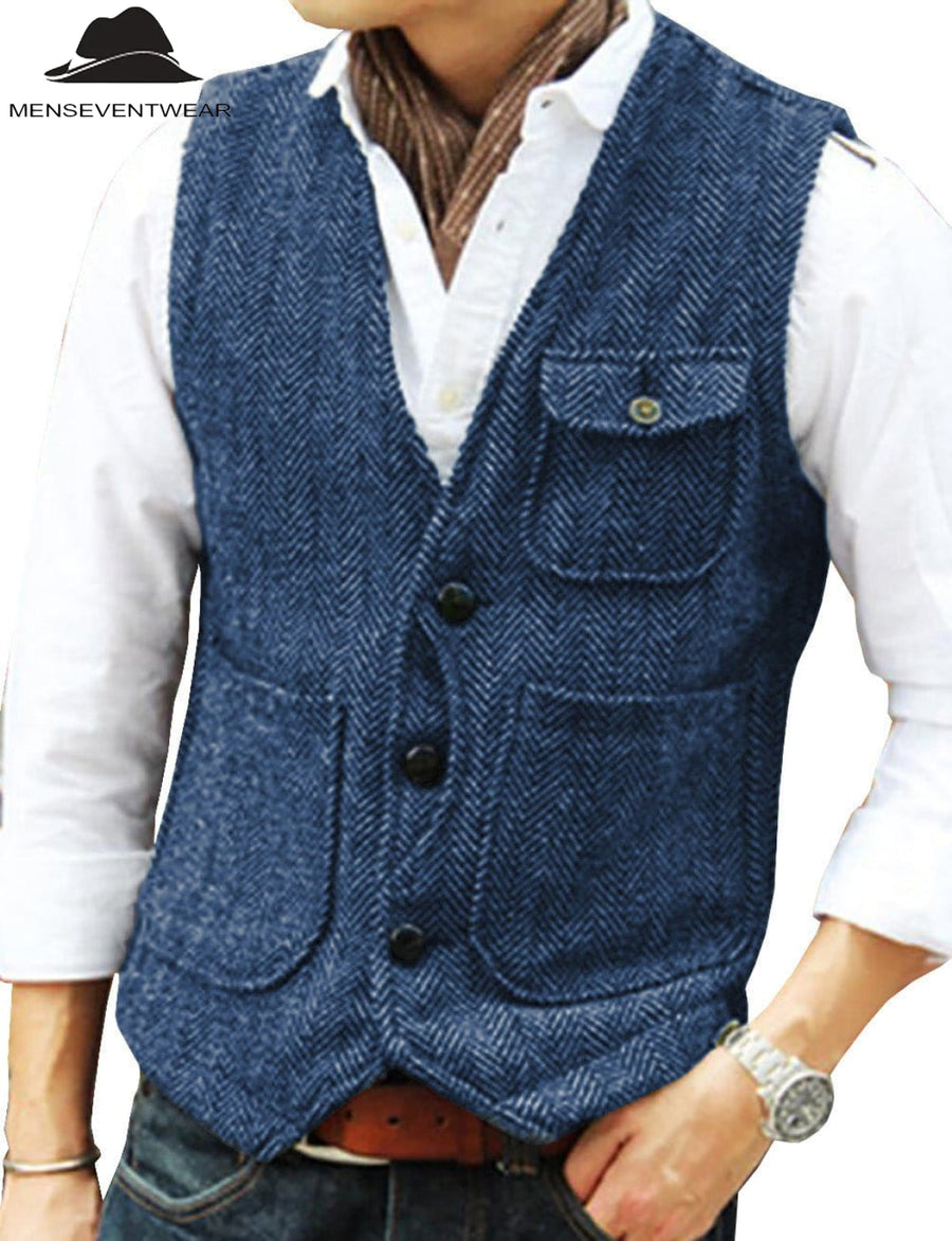 Casual Mens Classic Tweed Herringbone V Neck Waistcoat - Menseventwear ...