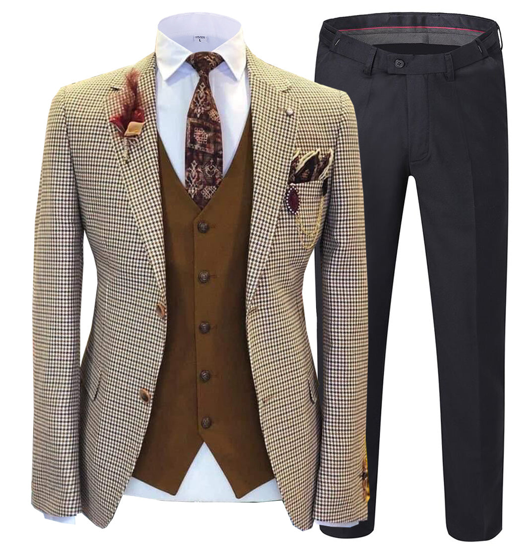 Fashion Men's 3 Pieces Houndstooth Notch Lapel Tuxedos (Blazer+vest+Pa ...
