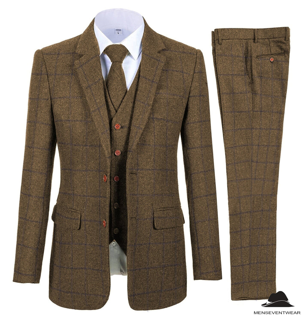 Formal Men's Business 3 Pieces Tweed Plaid Notch Lapel Suit (Blazer+vest+Pants) Adam Reed