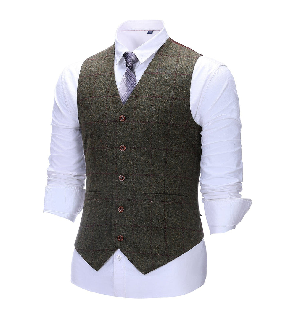 Formal Men's Suit Vest Green Tweed Plaid V Neck Waistcoat mens event wear