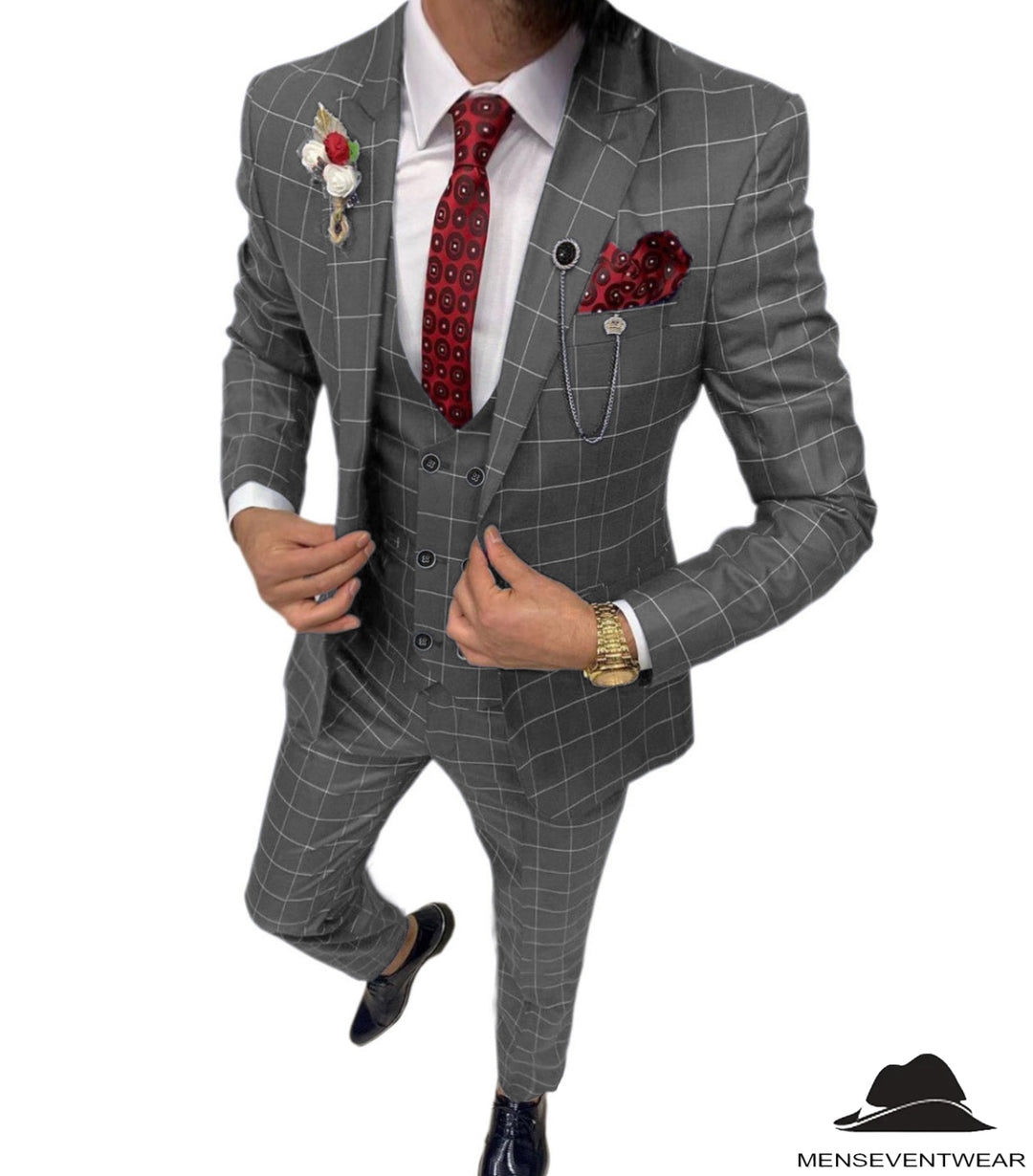 Formal Mens Suit 3 Pieces Business Plaid Solid Peak Lapel Tuxedos (Blazer+Vest+Pants) Adam Reed
