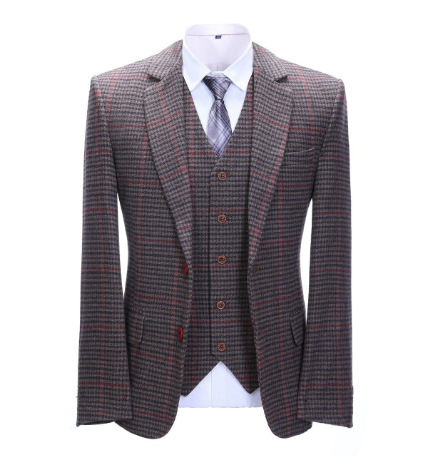 Men's Business 3 Pieces Formal Coffee Plaid Notch Lapel Suit (Blazer+vest+Pants) Adam Reed