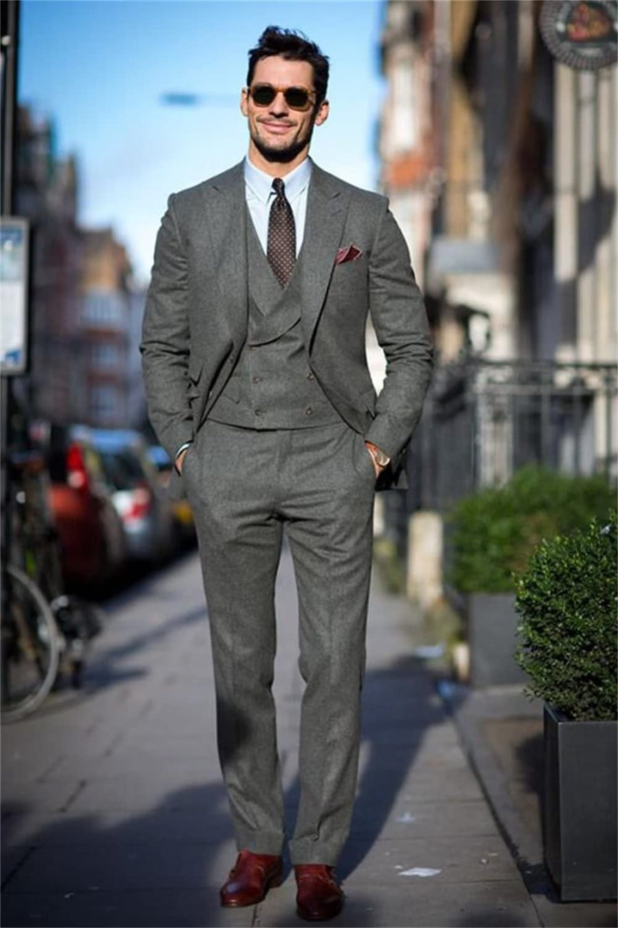 Men's Casual 3 Pieces Mens Suit Classic Tweed Herringbone Peak Lapel T 