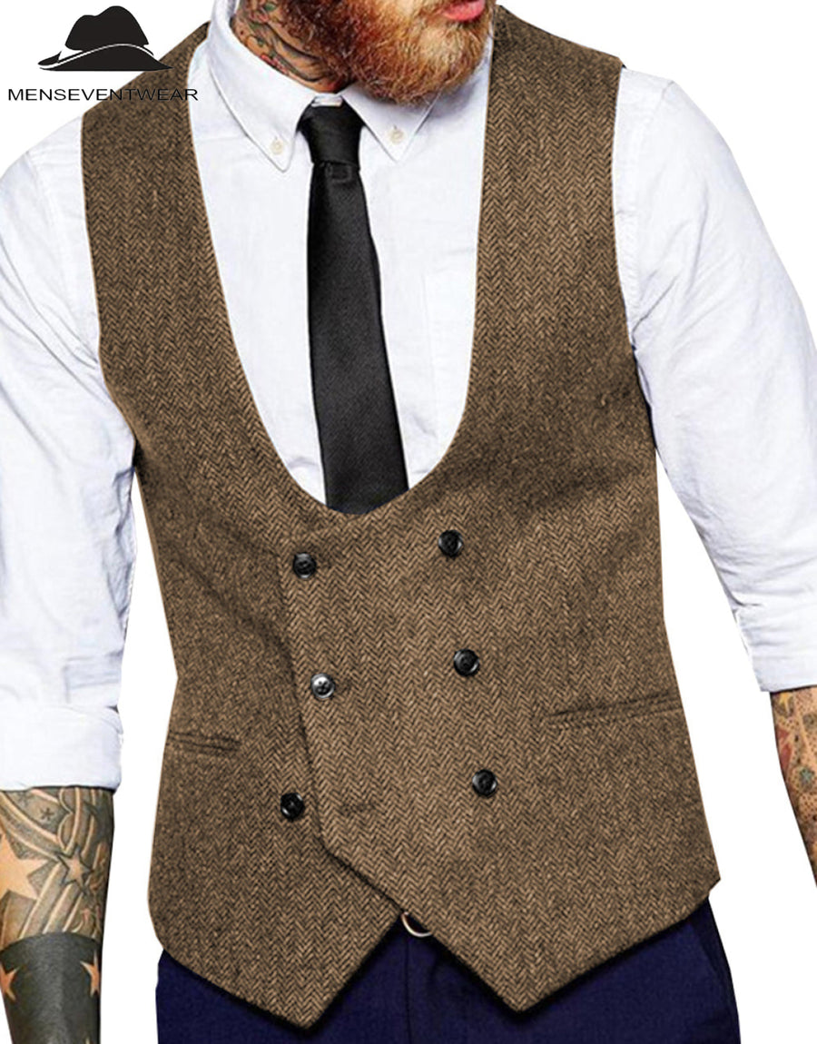 Men's Casual Double Breasted Tweed Herringbone U Neck Waistcoat ...