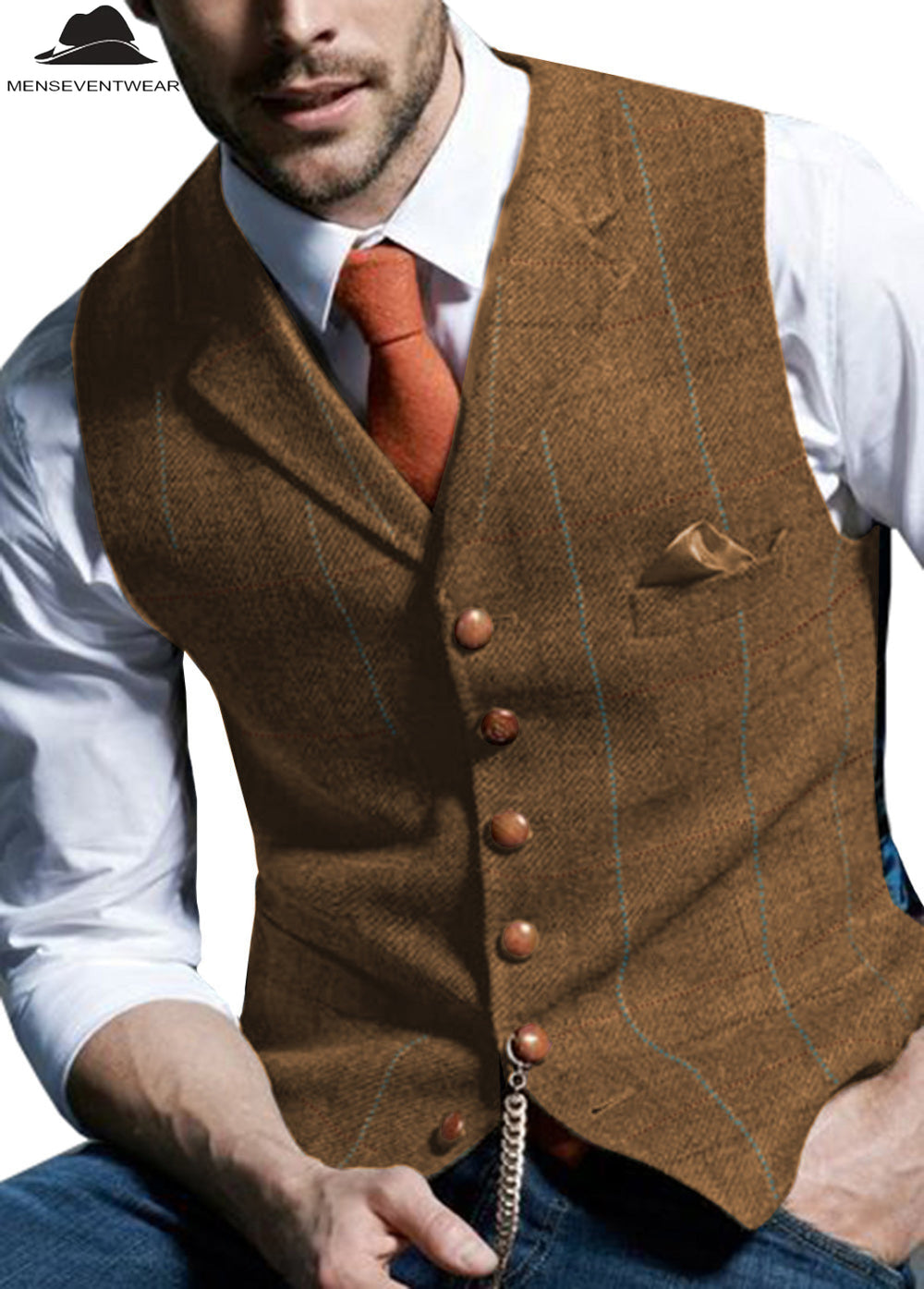 Men's Casual Slim Fit Plaid Tweed Notch Lapel Waistcoat menseventwear