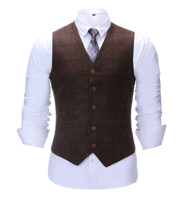 Men's Formal 3 Pieces Business Coffee Tweed Plaid Notch Lapel Suit ...